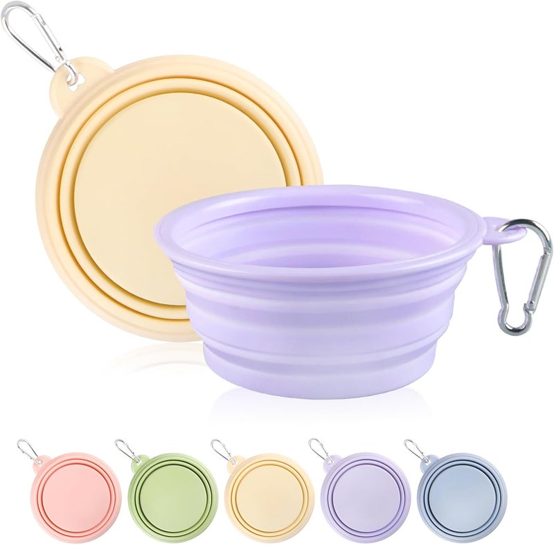 TECOPH Collapsible Dog Bowls 2-Pack, Portable Travel Dog Bowl with Carabiner, Food-Grade Silicone Pet Bowl for Hiking, Walking (Macaron Yellow and Violet) - Image 1